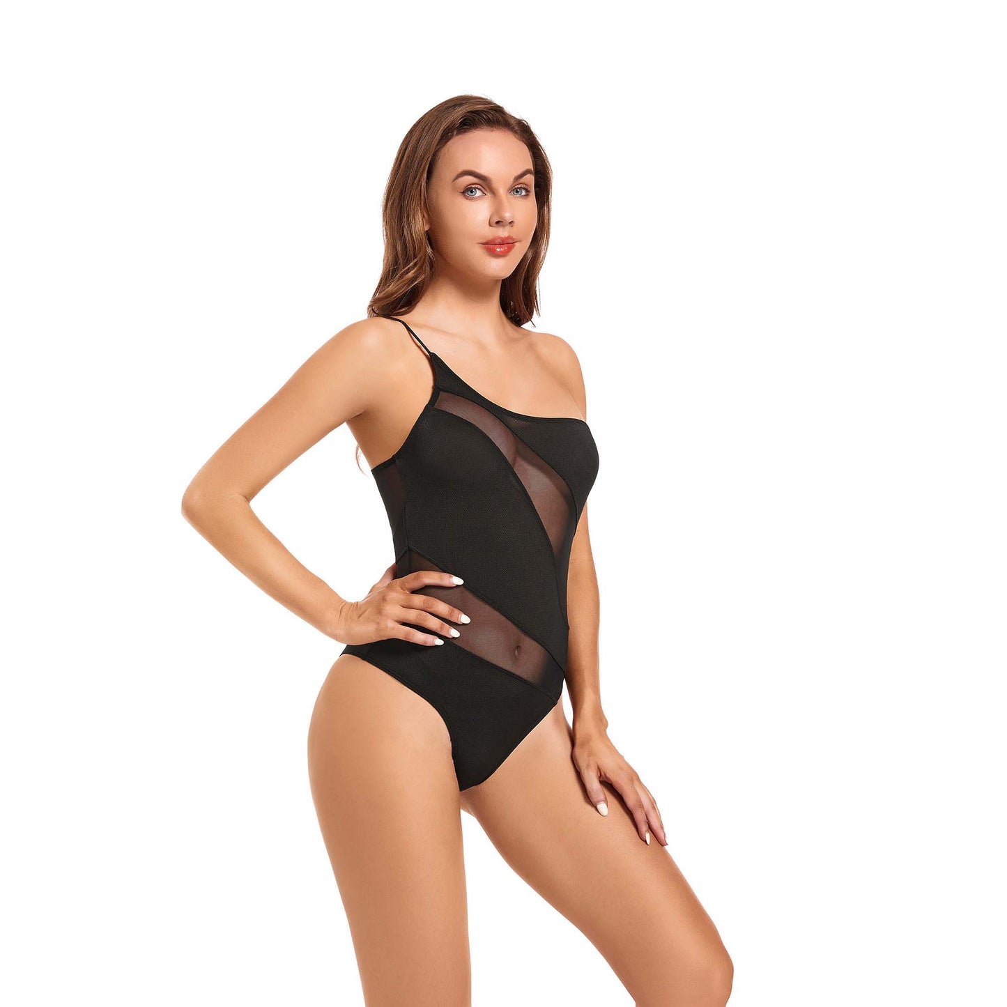Tan Through One Shoulder Swimsuit