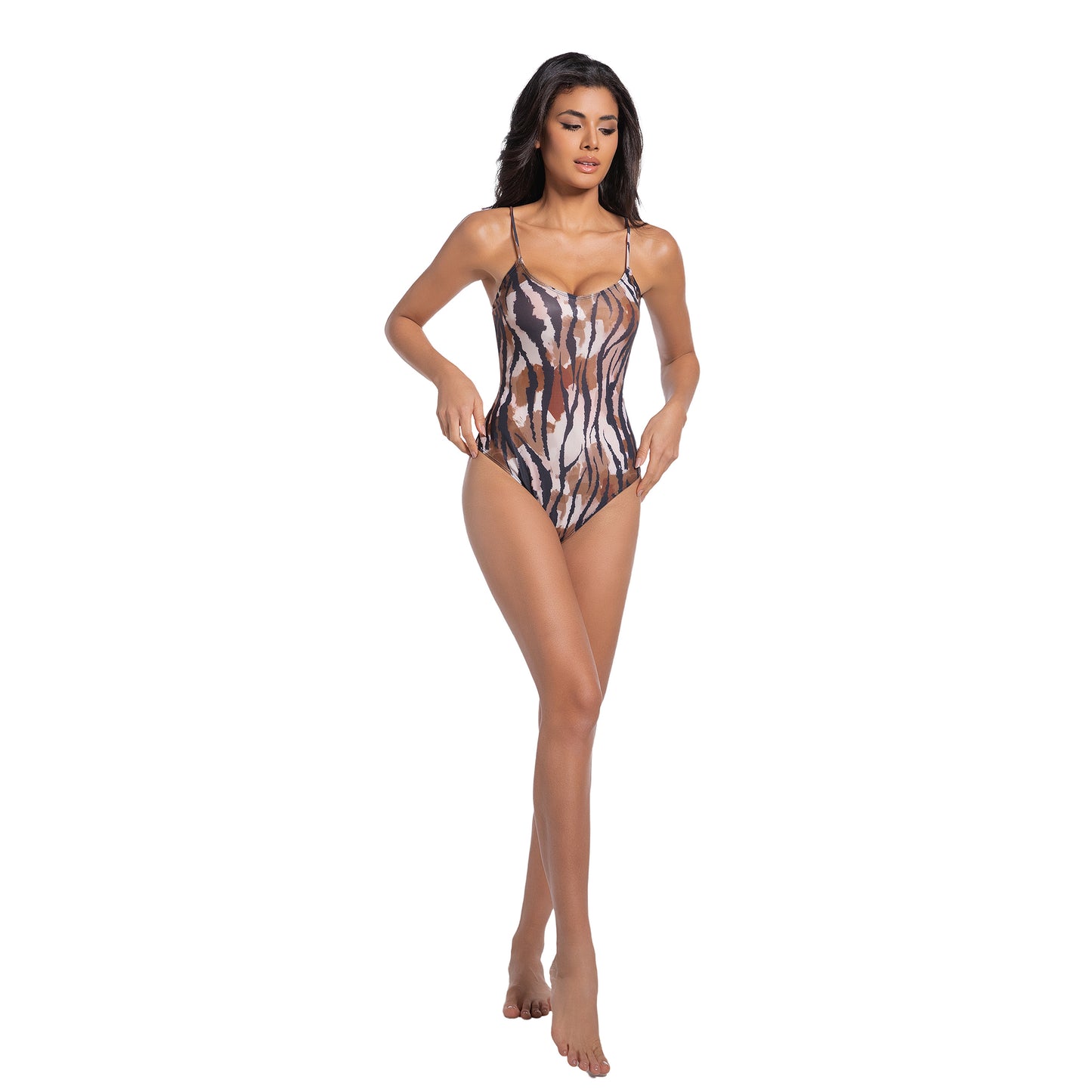 Tan Through Tiger Print One Piece Swimsuit