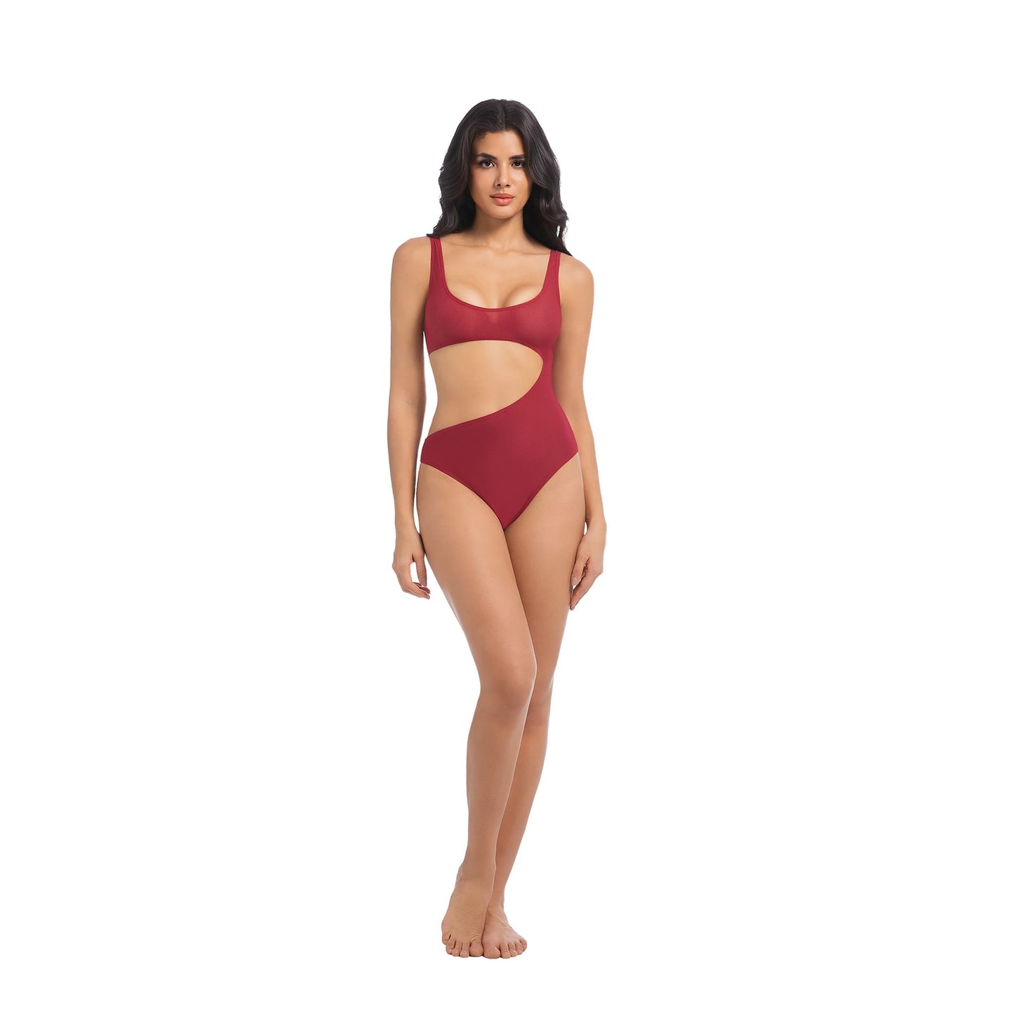 Traje de baño de una pieza con aberturas en rojo bronceado: sexy, transpirable y de secado rápido