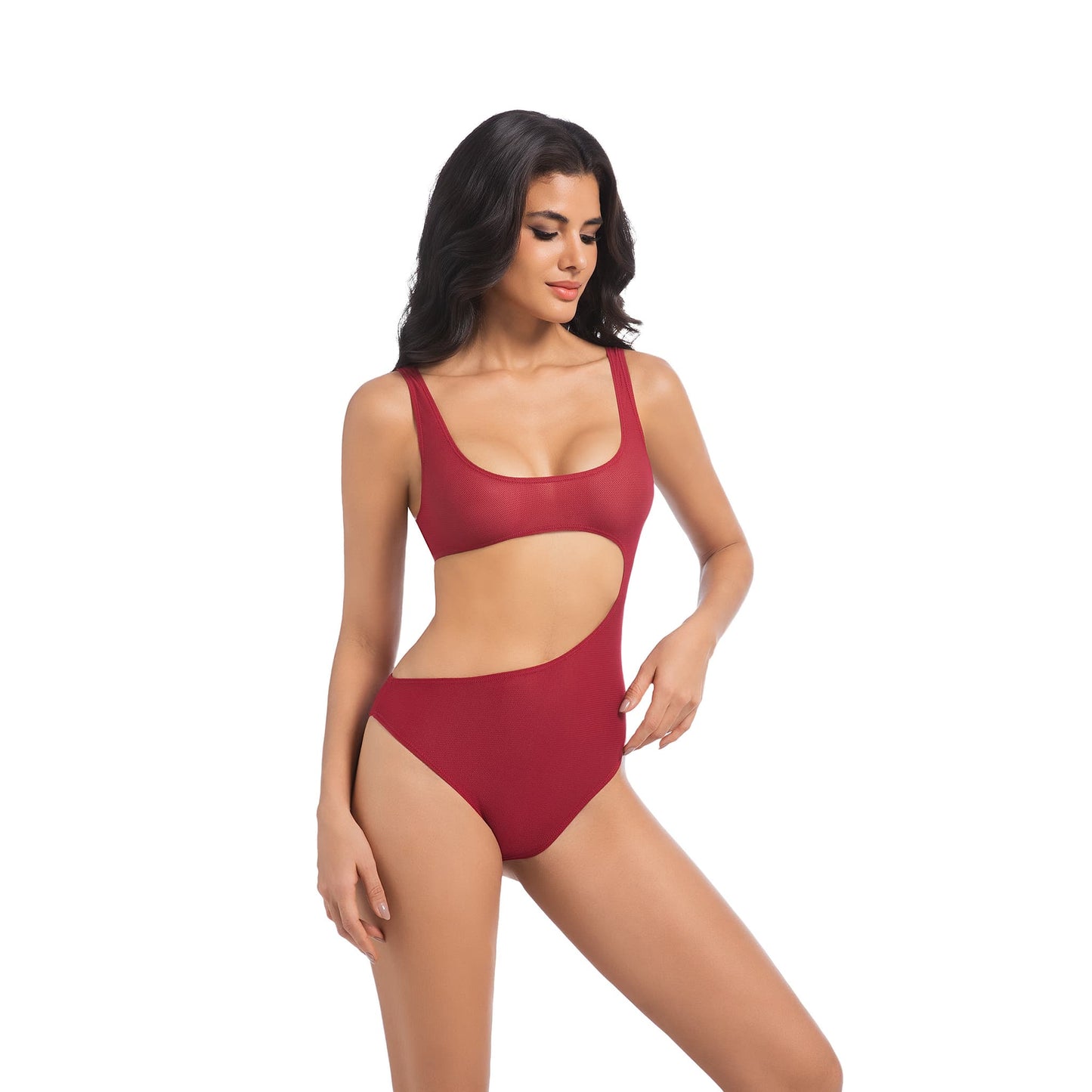 Traje de baño de una pieza con aberturas en rojo bronceado: sexy, transpirable y de secado rápido