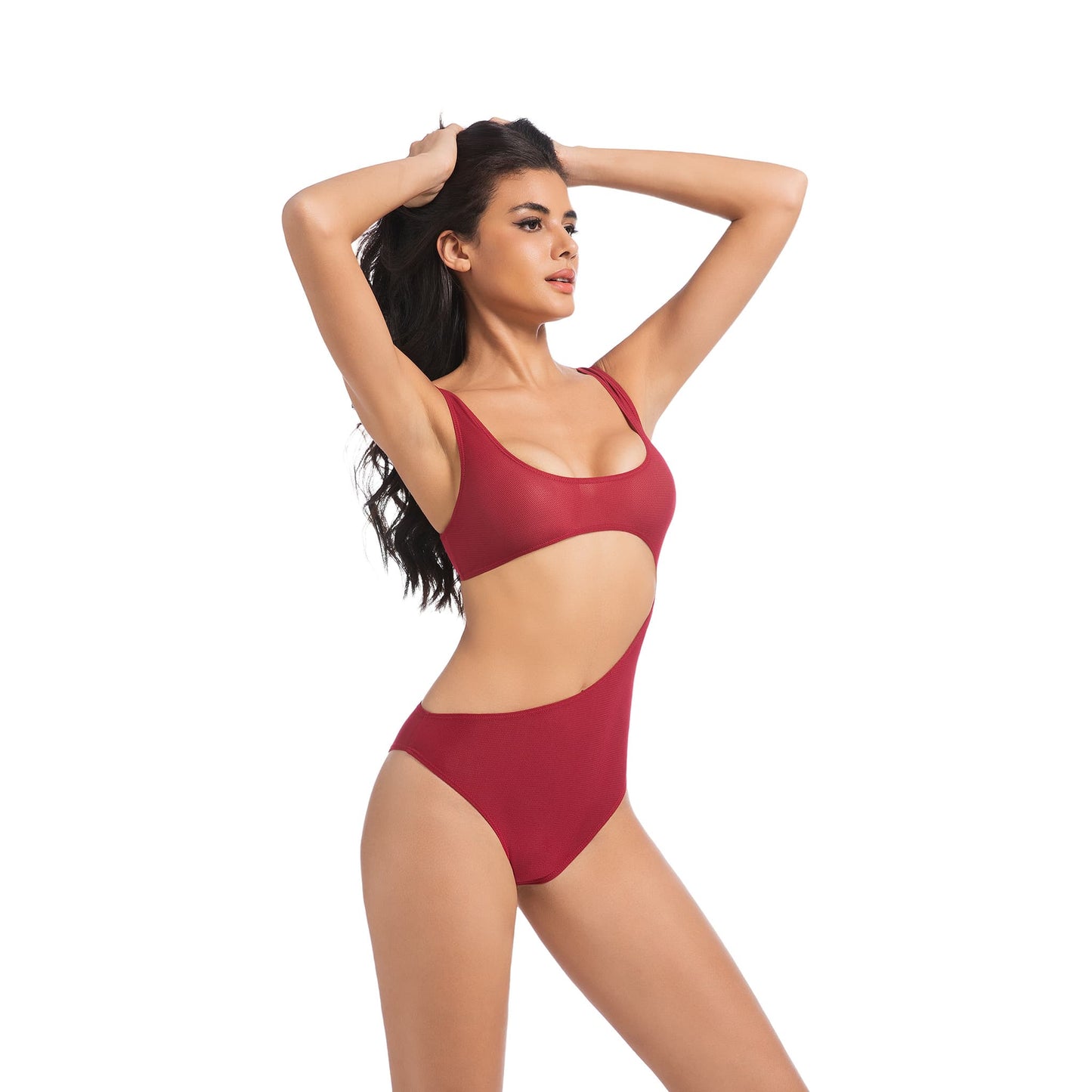 Traje de baño de una pieza con aberturas en rojo bronceado: sexy, transpirable y de secado rápido
