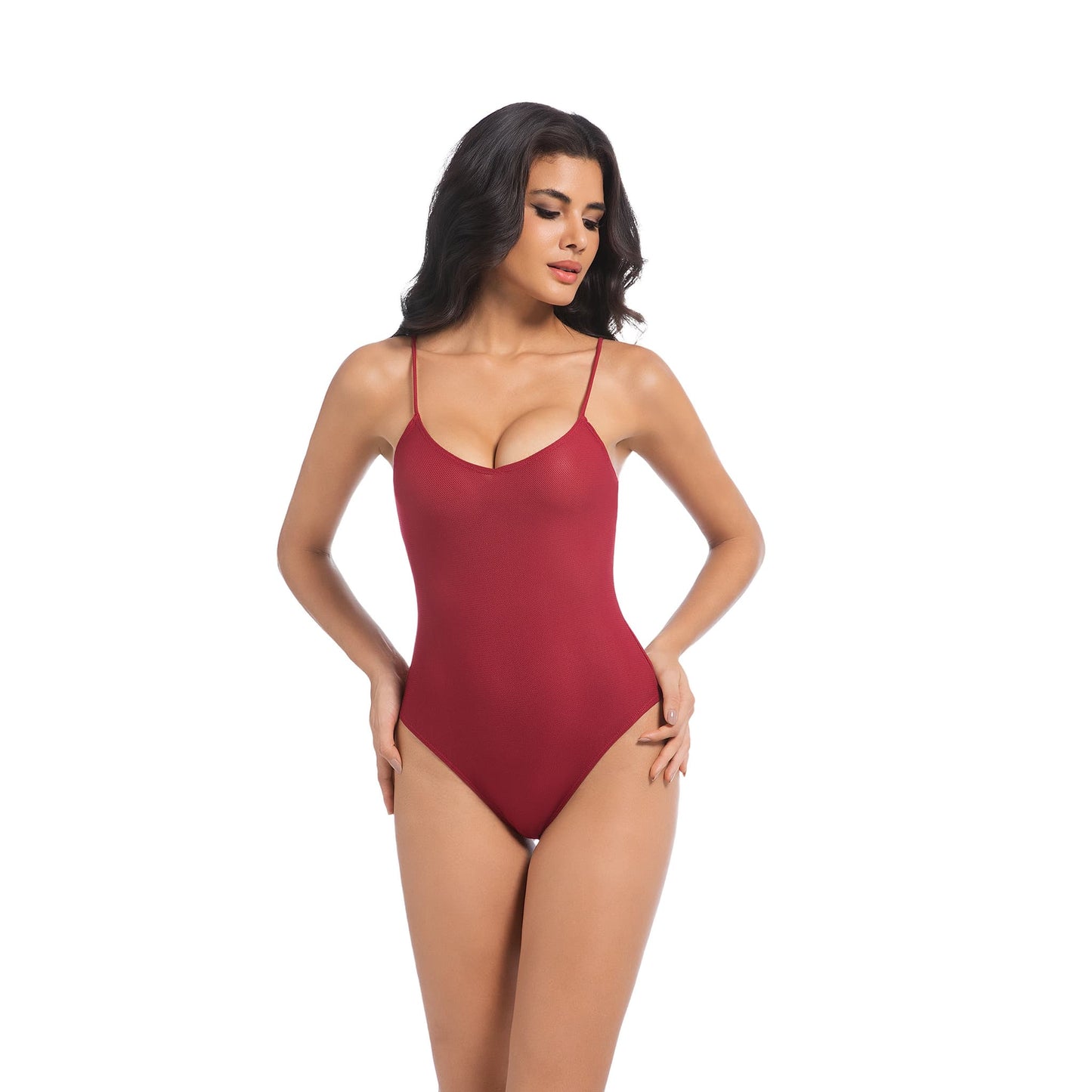 Traje de baño de una pieza color bronceado con rojo: ropa de baño de verano ligera y sexy