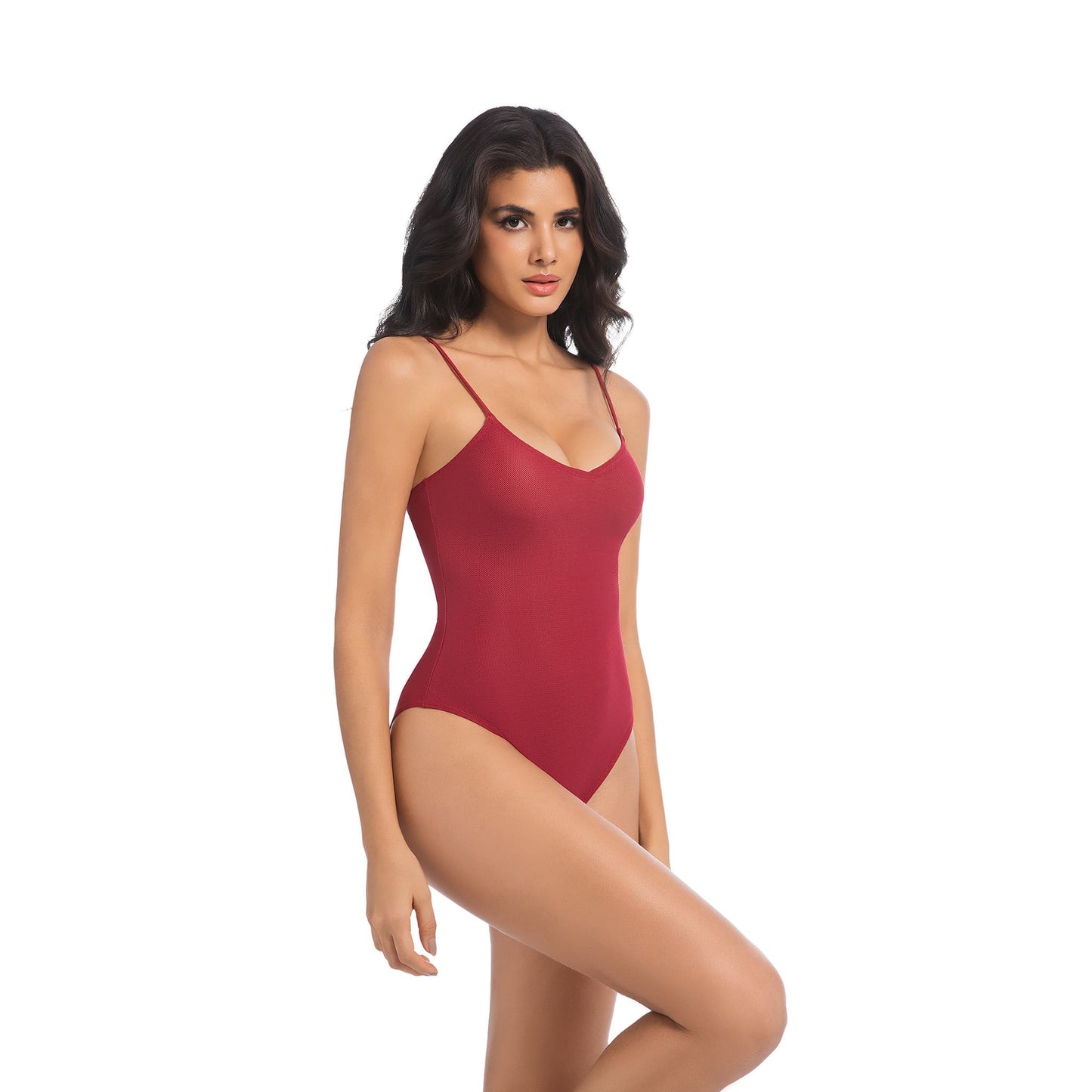 Traje de baño de una pieza color bronceado con rojo: ropa de baño de verano ligera y sexy