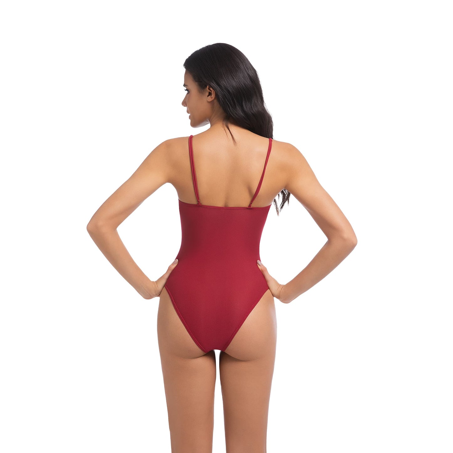 Traje de baño de una pieza color bronceado con rojo: ropa de baño de verano ligera y sexy