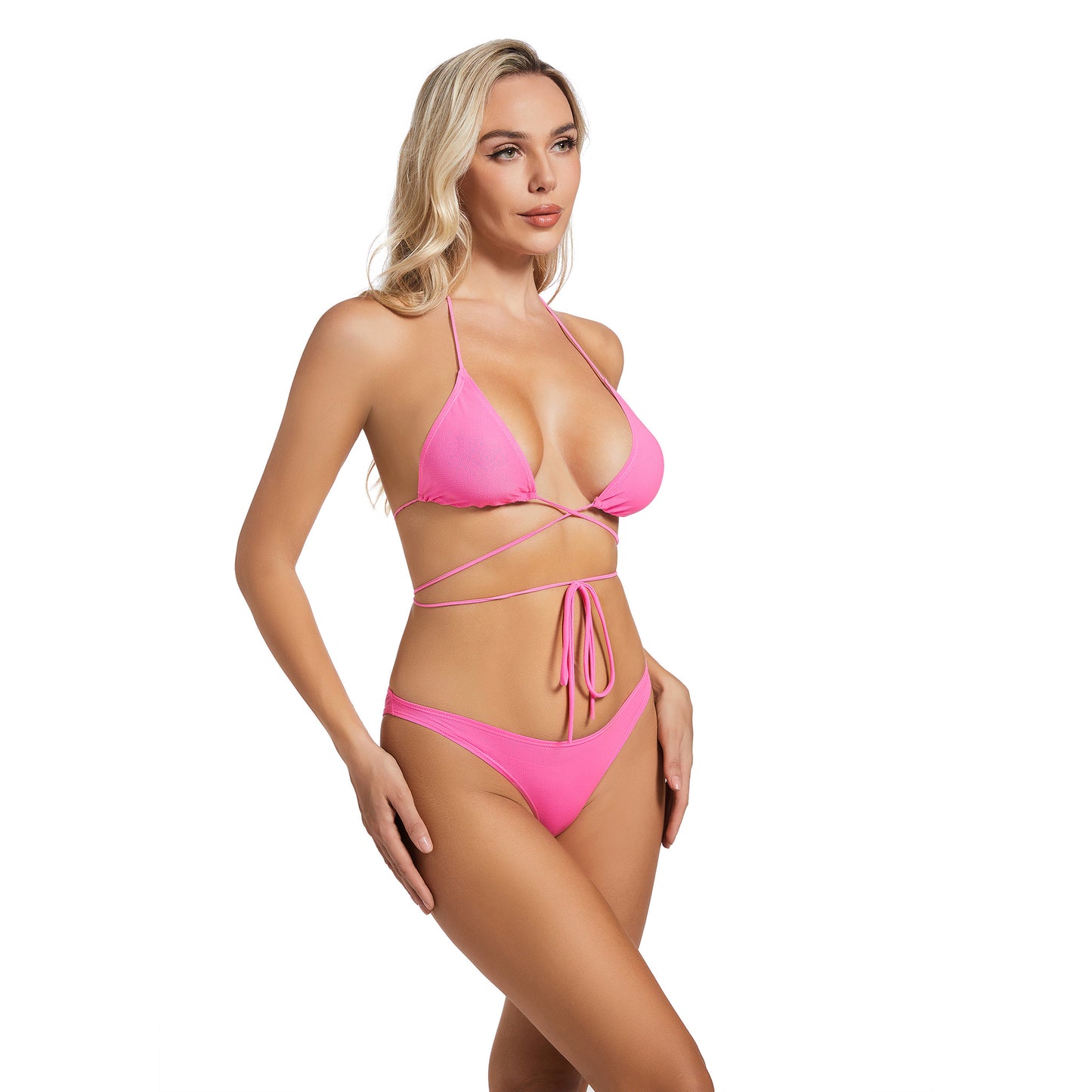 Tan Through Pink Wrap Tie Two Piece Bikini
