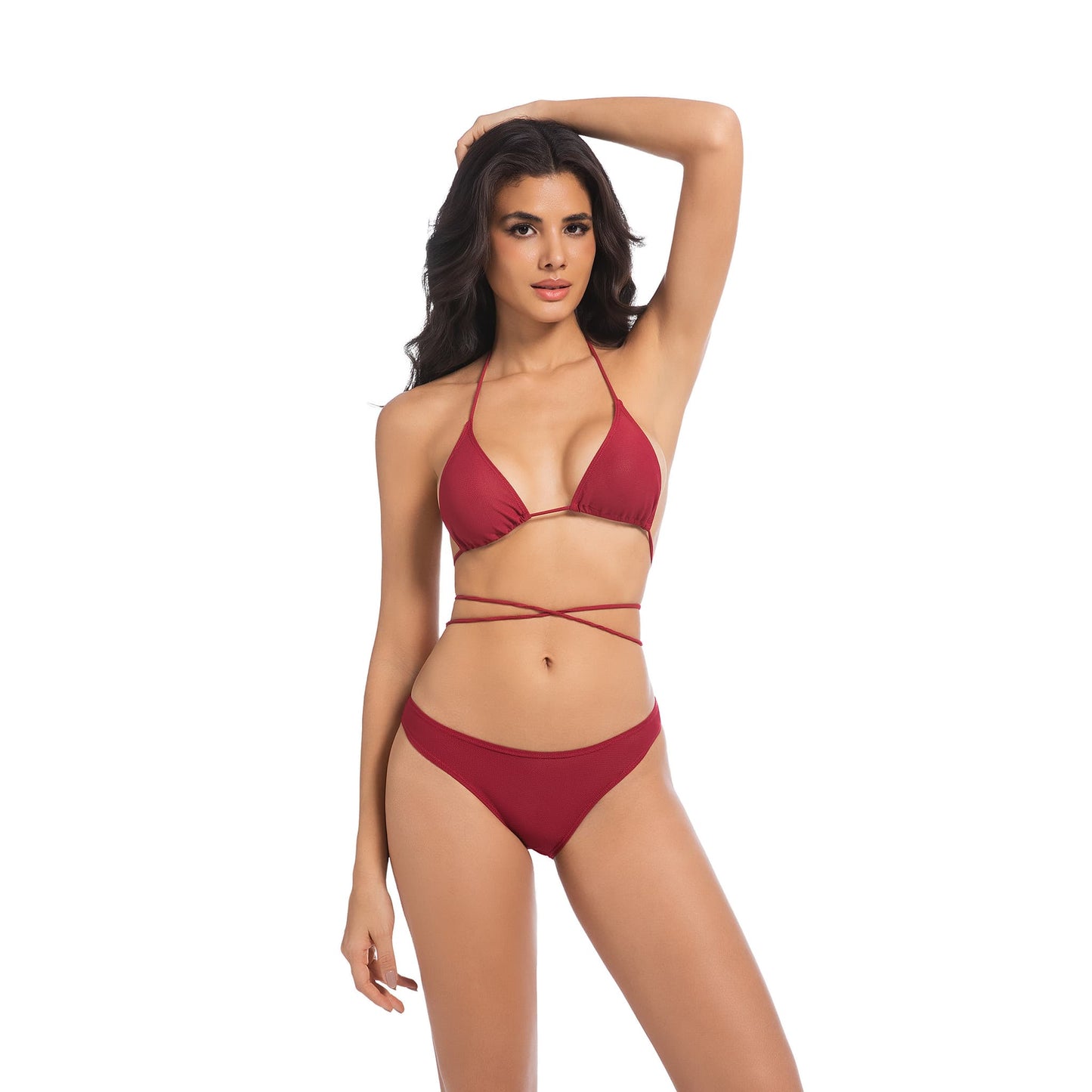 Bikini a due pezzi con triangolo incrociato e lacci abbronzati – Traspirante e sexy