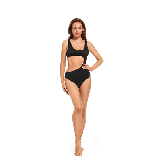 Tan Through Black Cut-Out One Piece Swimsuit