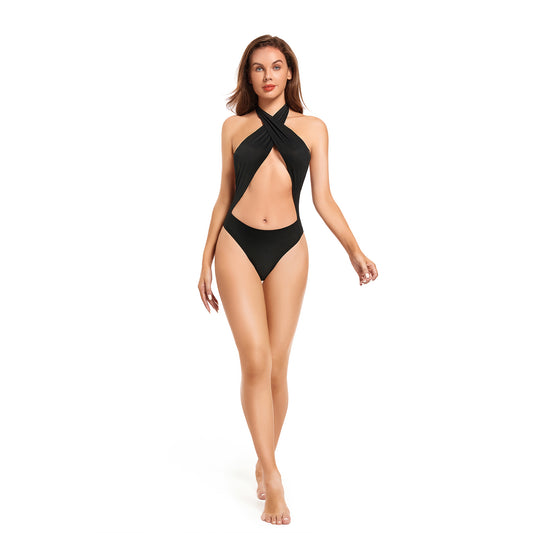 Tan Through Halter Cross One Piece Swimsuit