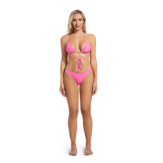 Tan Through Pink Wrap Tie Two Piece Bikini 