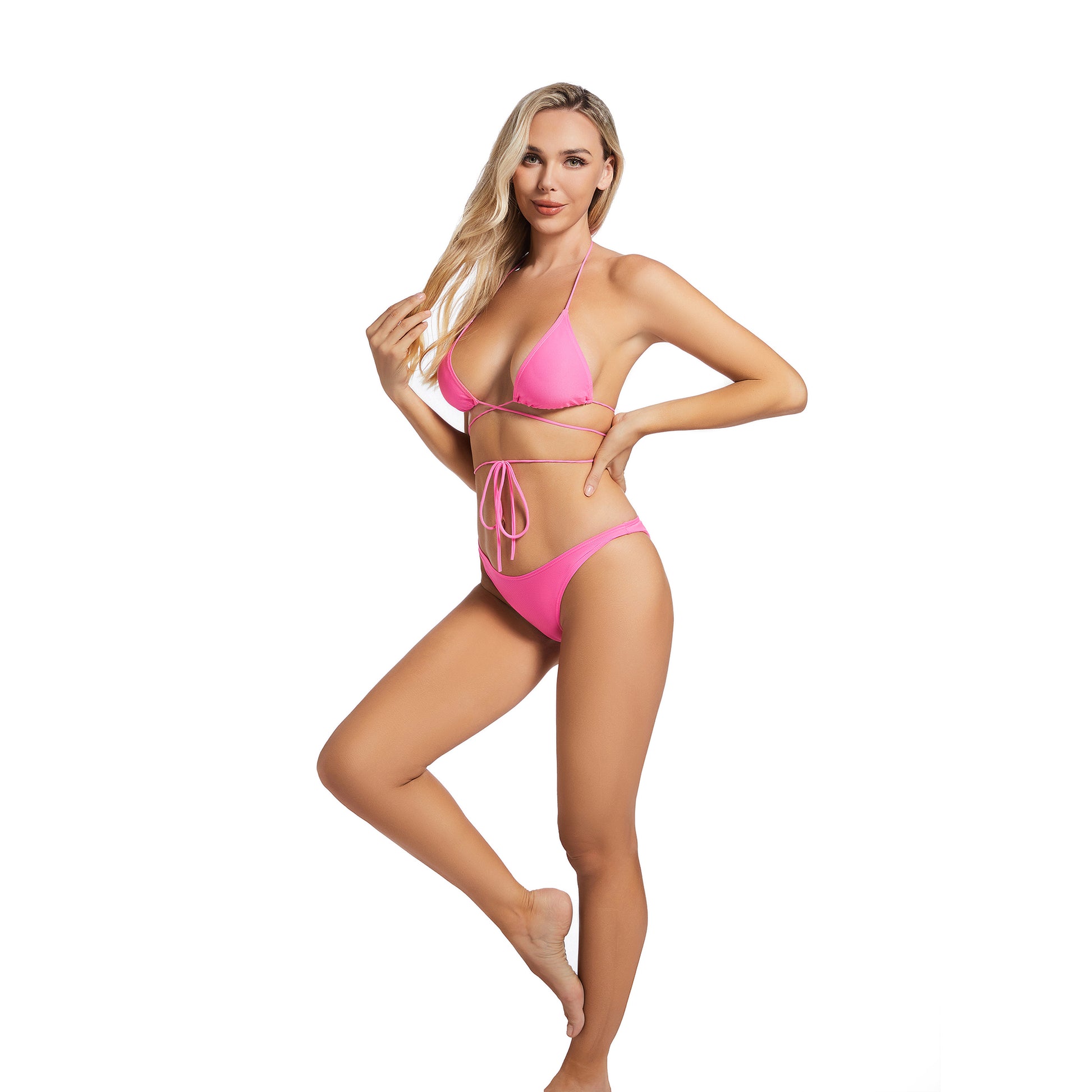 Tan Through Pink Wrap Tie Two Piece Bikini 