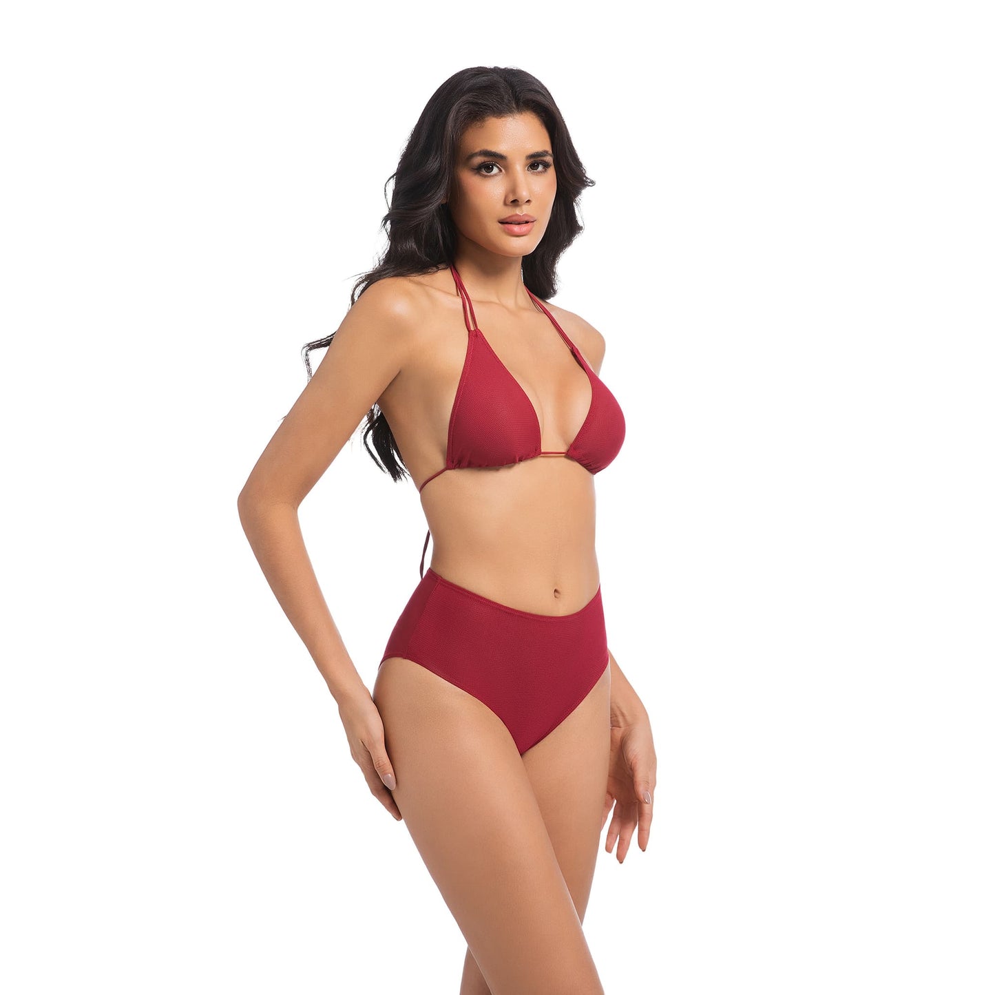 Bikini de dos piezas de cintura alta color burdeos: elegante y transpirable