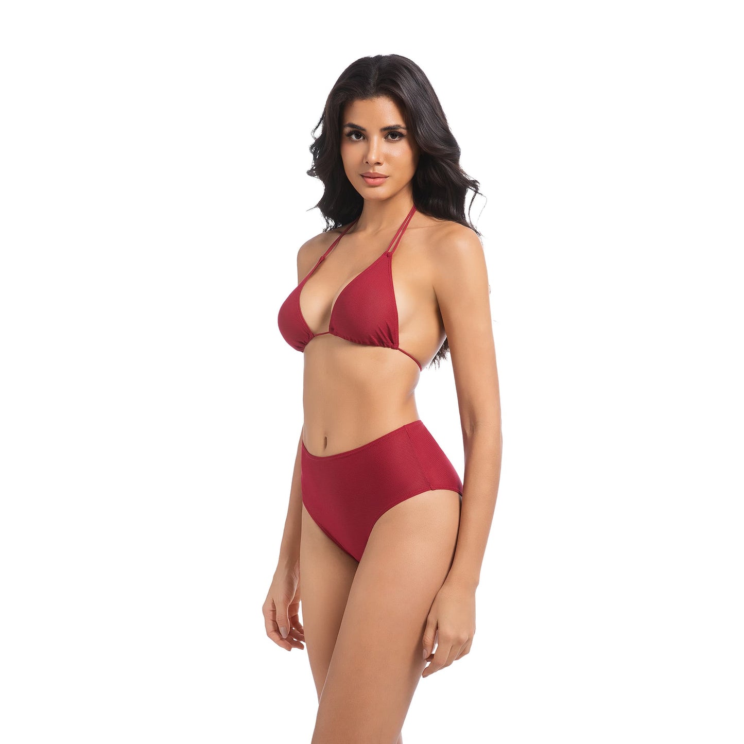 Bikini de dos piezas de cintura alta color burdeos: elegante y transpirable