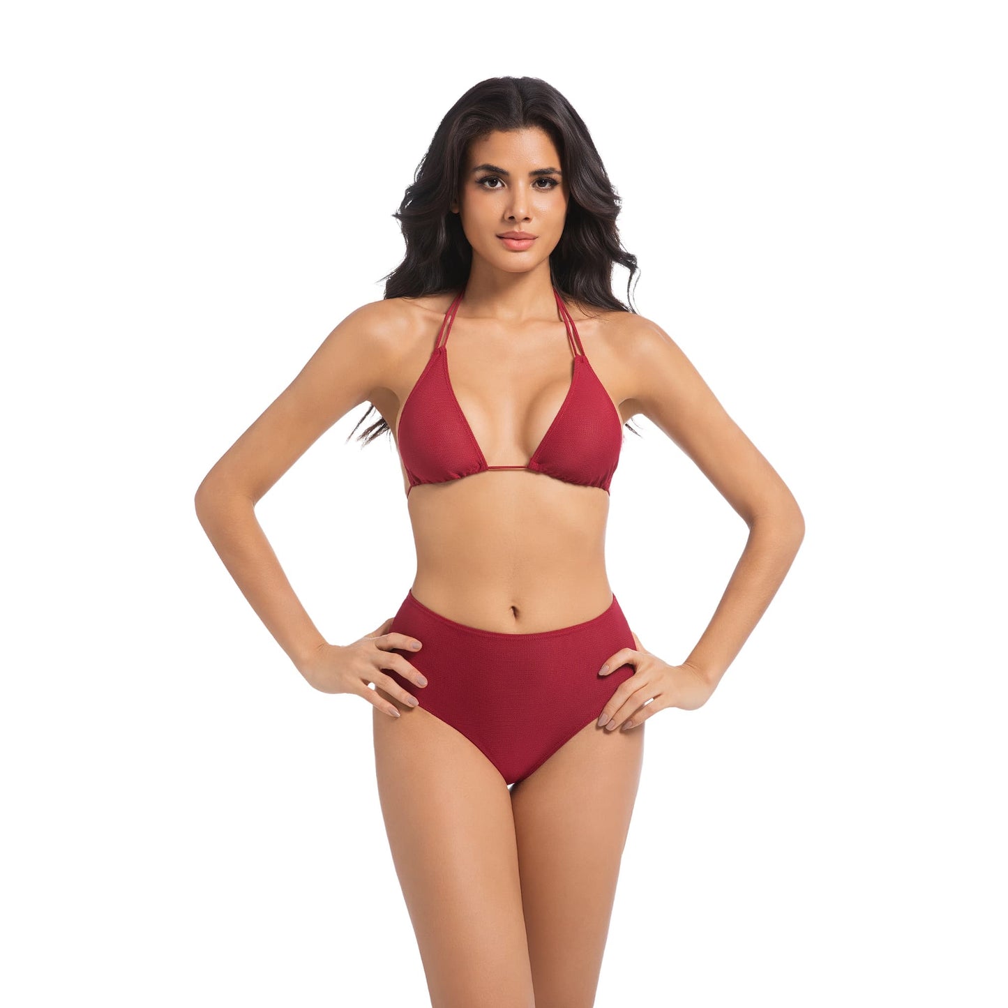 Bikini de dos piezas de cintura alta color burdeos: elegante y transpirable